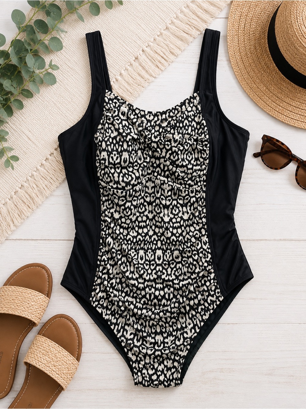 Ava & Viv Black and Cream Patterned One-Piece Swimsuit